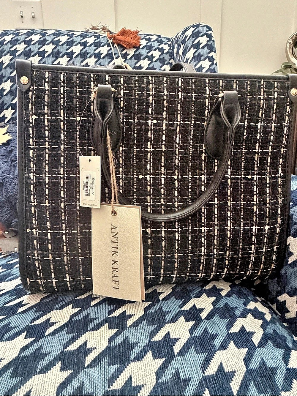 Antik Kraft Checkered Tote in Black & White NWT